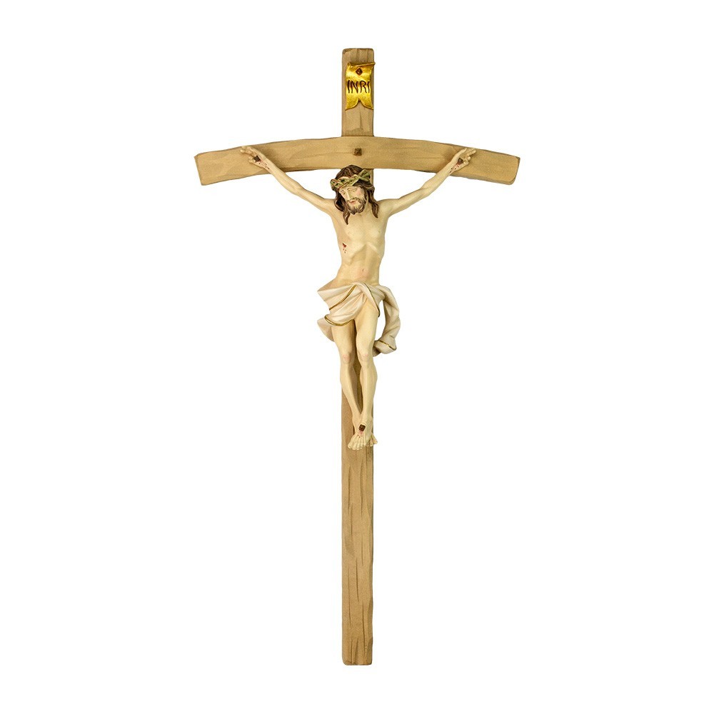 Curved cross and body of Christ in wood with antique finish | Myriam